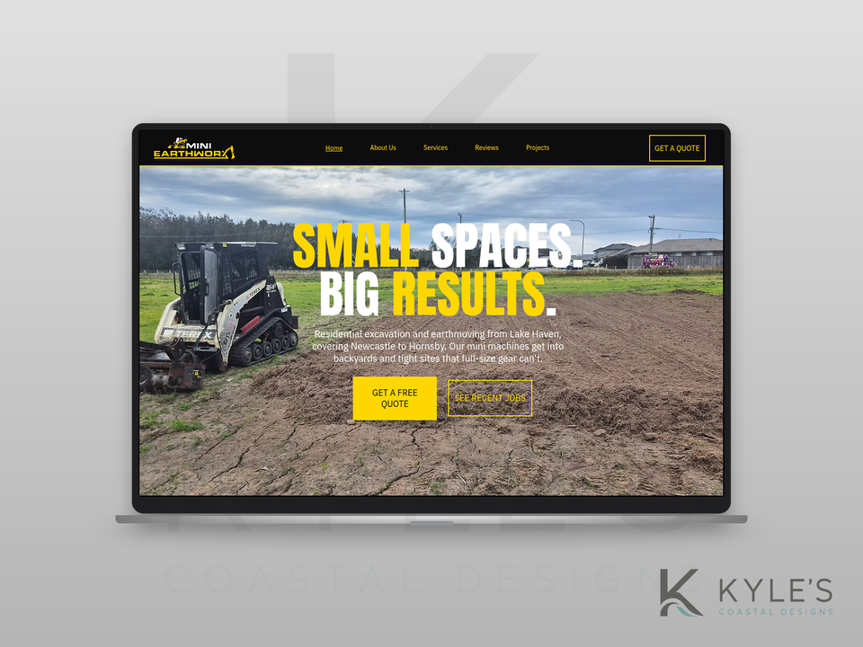 Mini Earthworx residential excavation and earthmoving website homepage
