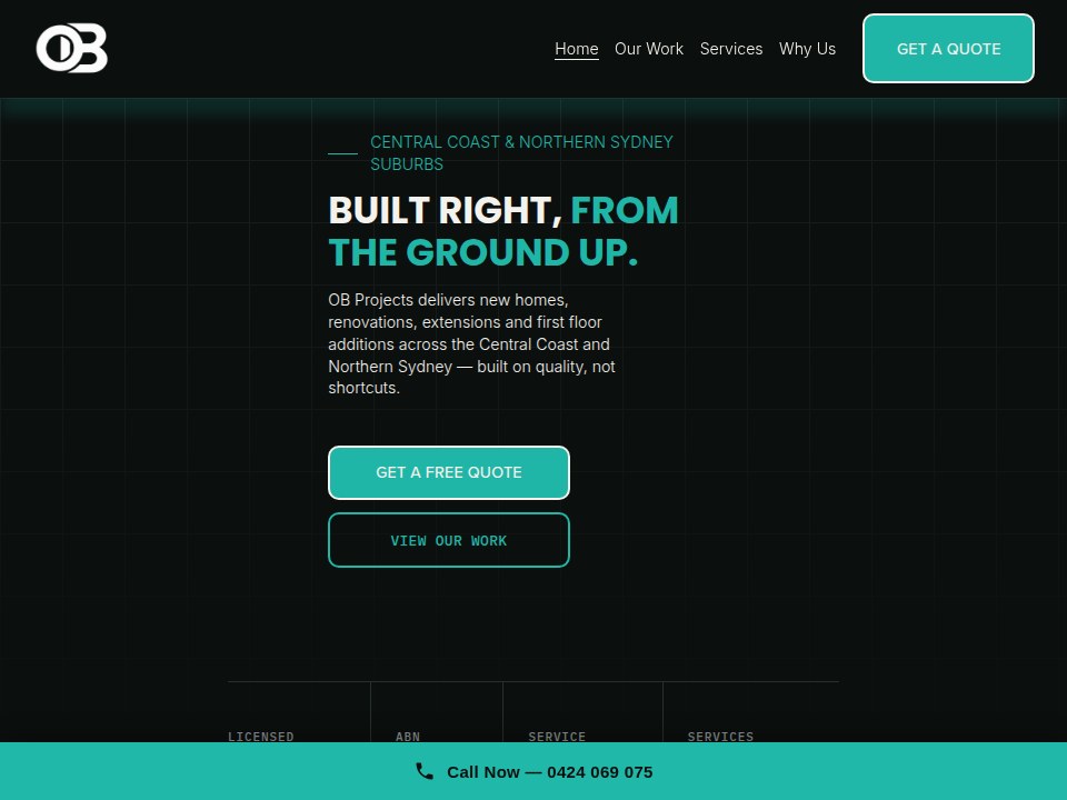 OB Projects residential construction website homepage